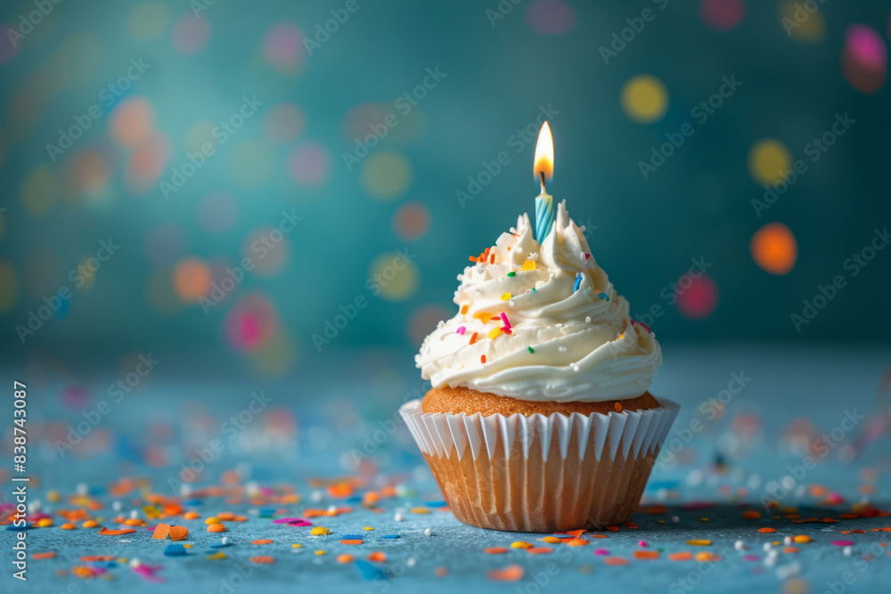 A cupcake, with a single lit candle, on a blue table, surrounded by bright color confetti. A cupcake, with a single lit candle, on a blue table, surrounded by bright color confetti.