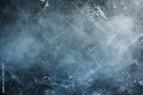 A close-up view of the frozen surface of an ice rink, a grungy texture, dark sky-blue color, a smokey background, and a chalky effect. photo