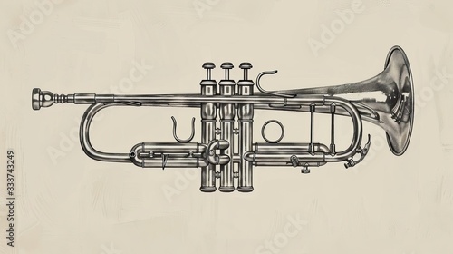 Elegant side profile of a jazz trumpet, hand-drawn, monochrome, vintage engraving, capturing the intricate beauty of the instrument