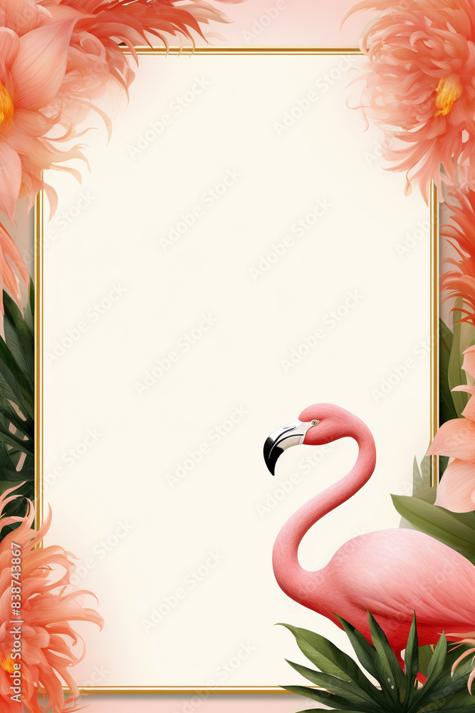 Obraz premium Elegant floral border with pink flamingo, perfect for invitations, greeting cards, and posters. Beautiful flowers and tropical theme.