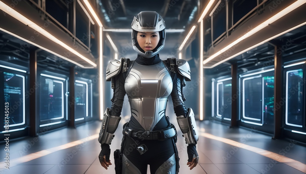 A confident young woman with a determined expression stands in a futuristic, metallic hallway, equipped with sleek cybernetic armor. The image evokes a cyberpunk aesthetic, power, and technology. A confident young woman with a determined expression stands in a futuristic, metallic hallway, equipped with sleek cybernetic armor. The image evokes a cyberpunk aesthetic, power, and technology.