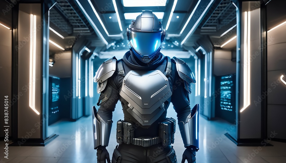 A lone soldier in advanced armor stands ready for action in a sleek, futuristic spaceship corridor. This image evokes themes of space exploration, danger, and advanced technology. A lone soldier in advanced armor stands ready for action in a sleek, futuristic spaceship corridor. This image evokes themes of space exploration, danger, and advanced technology.
