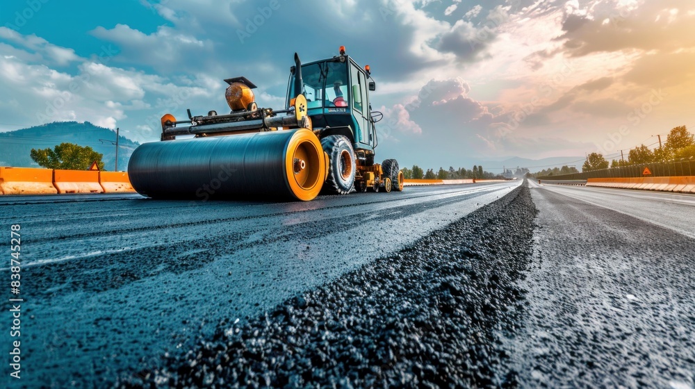 Paver and roller grind fresh asphalt on new highway. Paver and roller grind fresh asphalt on new highway.