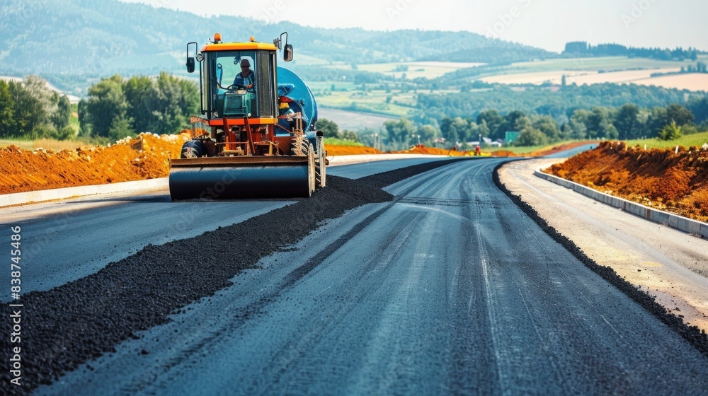 Paver and roller grind fresh asphalt on new highway. Paver and roller grind fresh asphalt on new highway.