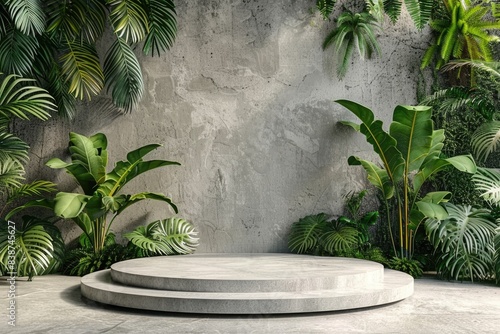 Contemporary White Podium Stage Rack front view focus with Green Stone and Tropical Leaves Background, perfect, very realistic