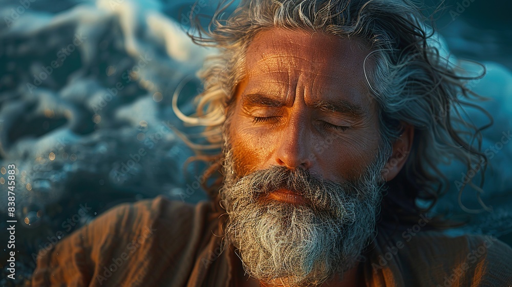 Meditation on the Coast: Close-Up of Gray-Haired Gentleman Meditation on the Coast: Close-Up of Gray-Haired Gentleman