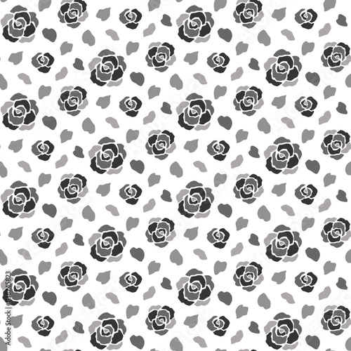 シンプルなバラのイラストパターン（白黒）Simple rose illustration pattern (black and white)