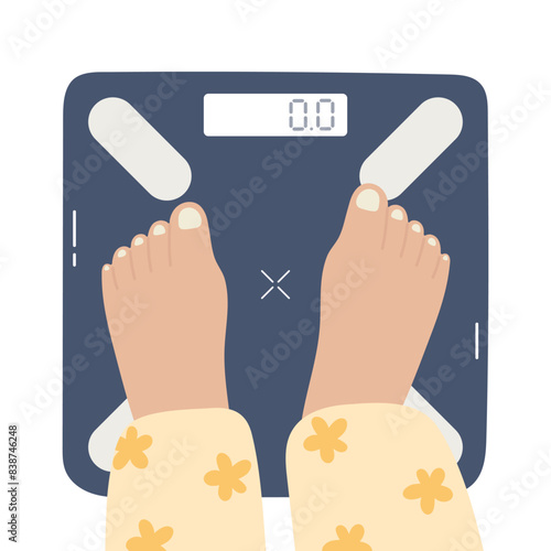 Person is standing on bathroom scales background