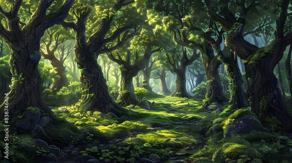 Fototapeta premium Jungle landscape with tree and sunshine background, Generative Ai