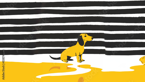 chien race Teckel assit devant une marre d'urine jaune, car il s'est oublié. Fond à rayures noires et blanches avec espace négatif copyspace. Propreté canine, dressage, civisme photo