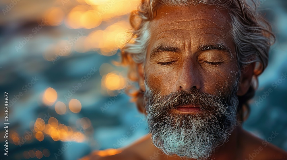 Shoreline Serenity: Close-Up of Meditative Man with Beard Shoreline Serenity: Close-Up of Meditative Man with Beard