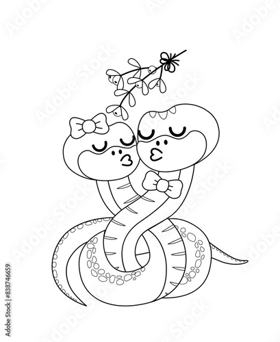 Coloring book. Couple of snakes in love is kissing under mistletoe. Black and white snake. Vector. photo