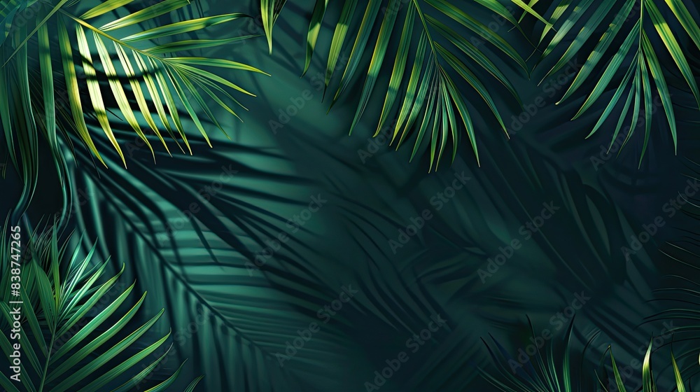 tropical palm leaf and shadow, abstract natural green background, dark tone textures copy space  