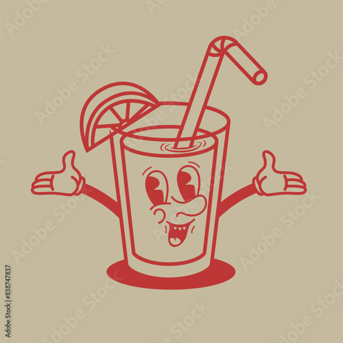 Cartoon character. Retro character of cocktail glass. Rubber hose cartoon mascot. Design element for emblem, sign, poster, menu, card. Vector illustration
