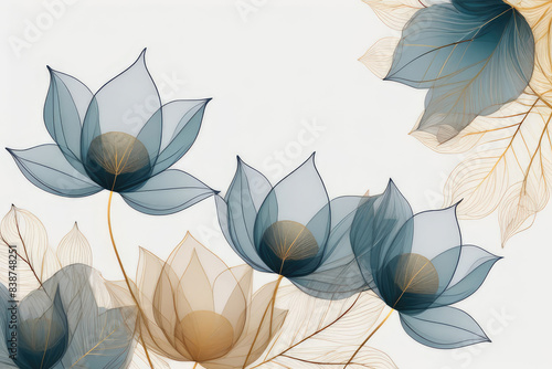 Artistic wallpaper with gold lotus flowers and leaves in light colors.