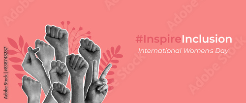 Trendy halftone collage. Horizontal banner. Concept of female power, feminism, equality, tolerance. Women raised fists, protesting. Cartoon flat vector illustration