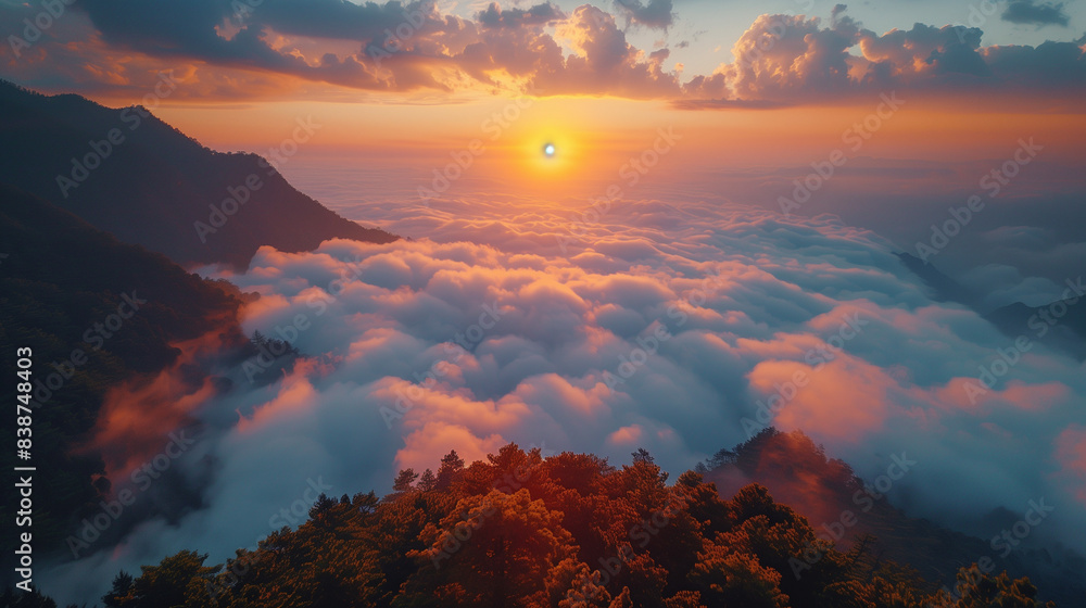 Sunset over the mountains, rolling sea of clouds, shimmering light Sunset over the mountains, rolling sea of clouds, shimmering light