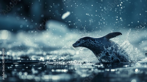 A photograph of a ringed seal, agile and quick, diving into the icy waters of the North Pole, with splashes of water and ice fragments captured in mid-air. The dramatic backdrop of an endless expanse photo