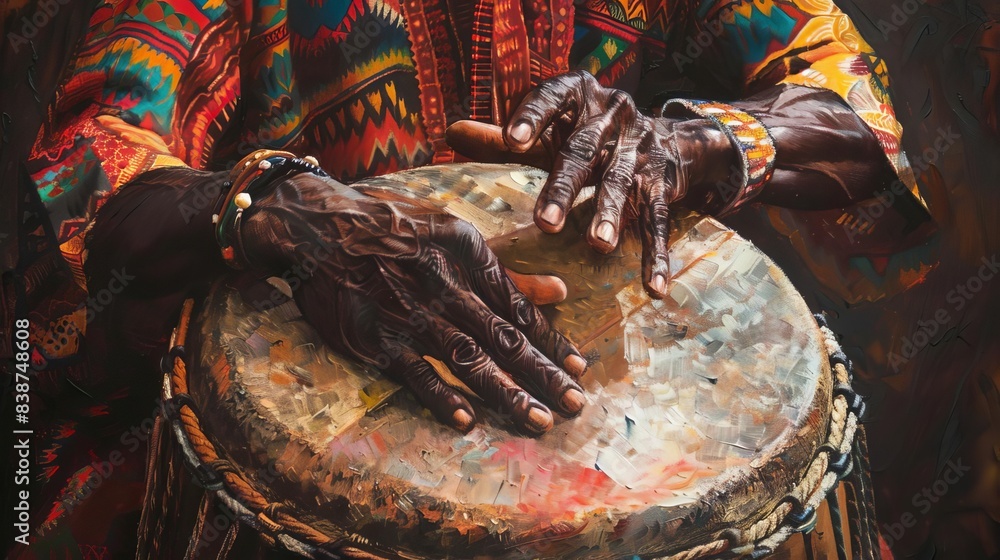 High-angle view, detailed close-up of a mans hand playing a djembe, oil painting style, rich colors and textures, focus on fingers and drumhead, dynamic light and shadow play