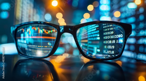 A pair of eyeglasses reflecting financial data on a screen, representing modern finance, stock markets, and data analysis in a digital age. © HADAPI