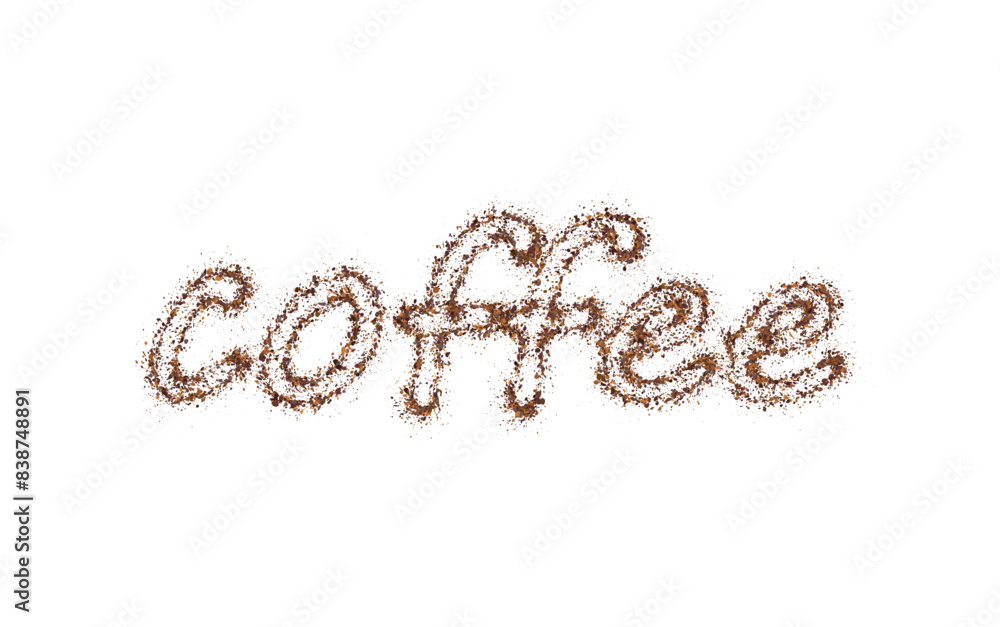 The word coffee is written with scattered powder. Text made from coffee or chocolate powder flying dust particles on white background. Crushed granules of sand or brown cane sugar, vector illustration The word coffee is written with scattered powder. Text made from coffee or chocolate powder flying dust particles on white background. Crushed granules of sand or brown cane sugar, vector illustration