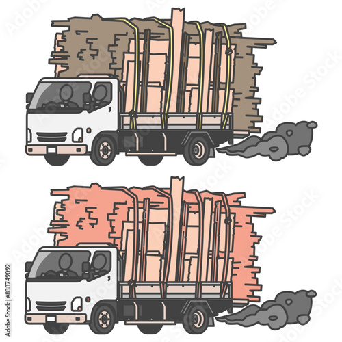 物流シリーズ：整備不良のディーゼル排気ガスを出す、過積載の2tトラック(カラー&モノカラーのSET)