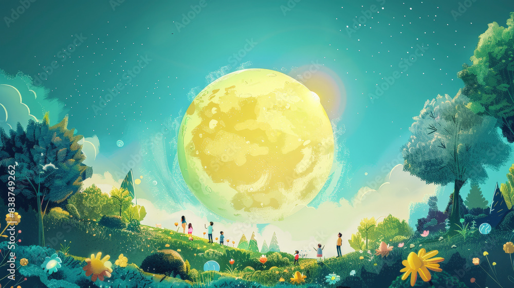 Obraz premium Children play in a whimsical, colorful landscape under a giant, glowing moon, surrounded by vibrant flowers, trees, and a sky full of stars.