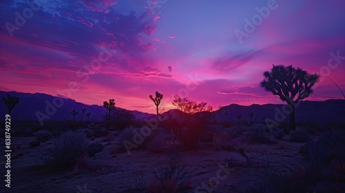 Vivid sunset over a serene desert landscape  casting silhouettes of joshua trees and mountains 