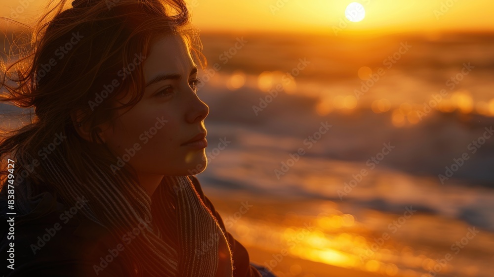 Serene Sunset Reflections: Contemplative Person by Ocean at Dusk Serene Sunset Reflections: Contemplative Person by Ocean at Dusk
