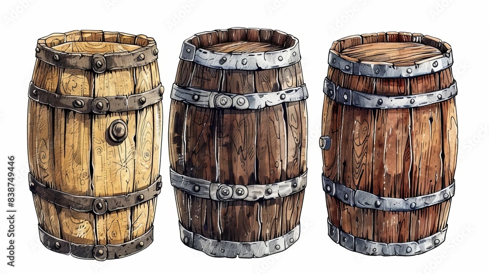 Isolated high-angle illustration of old wooden barrels Isolated high-angle illustration of old wooden barrels