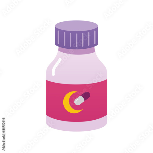Bottle of sleeping pills. Dormitive tablets. pills for better sleeping. Cartoon illustration, flat design. Cartoon illustration, flat design.