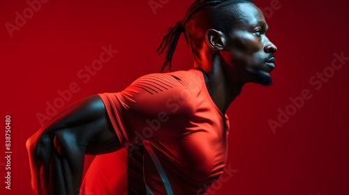 Side view of black sprinter running, red background