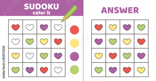 Coloring sudoku. Heart. Sudoku with four hearts. Cartoon