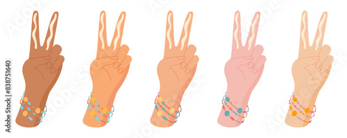 Flat hands set with sunscreen cream and two finger rule concept, cartoon sun protection manual illustration, vector character hand with spf oil placed on 2 finger, creative sun screen product concept.
