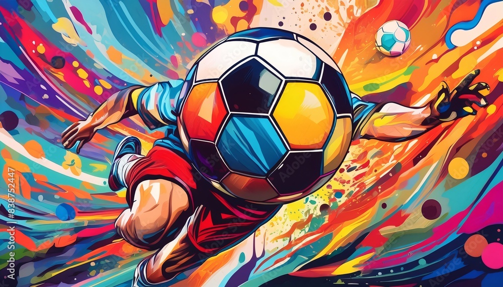 A vibrant digital illustration of a soccer player in dynamic action, with a colorful soccer ball and explosive background.