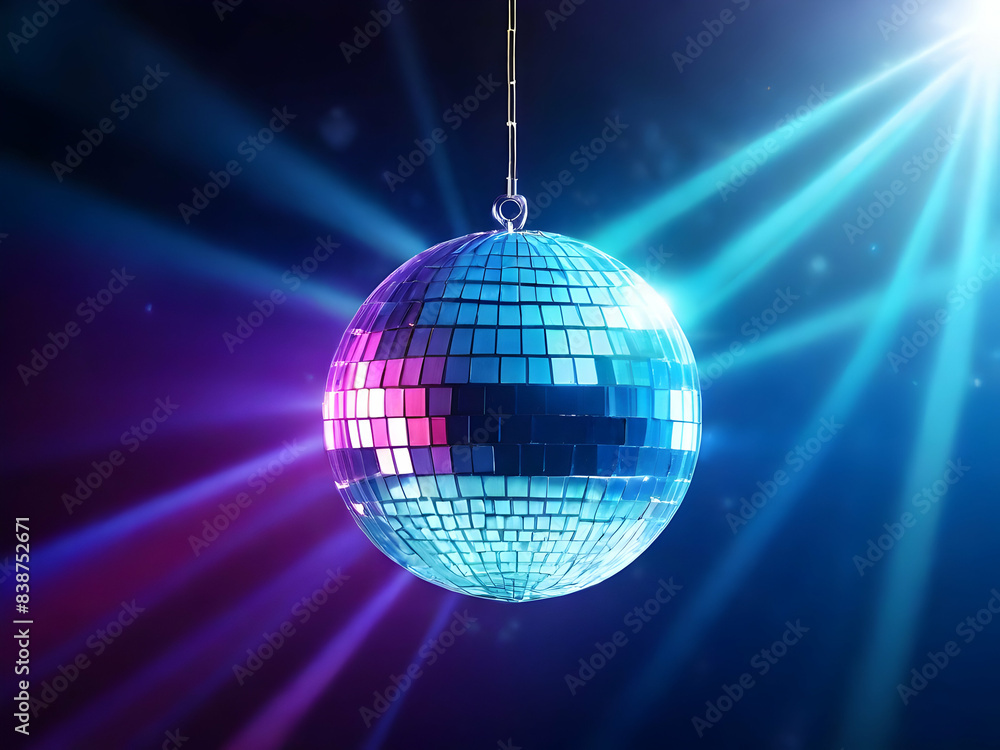 Obraz premium blue disco ball reflection, bright, shiny, glass, shine, nightlife, blue, celebration,Ai generated 