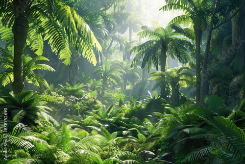 Dense tropical greenery with sun rays piercing through the foliage  creating a mystical ambiance