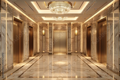 An opulent elevator lobby with polished marble walls and floors  gold accents  and a grand chandelier