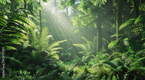 Dense tropical greenery with sun rays piercing through the foliage  creating a mystical ambiance