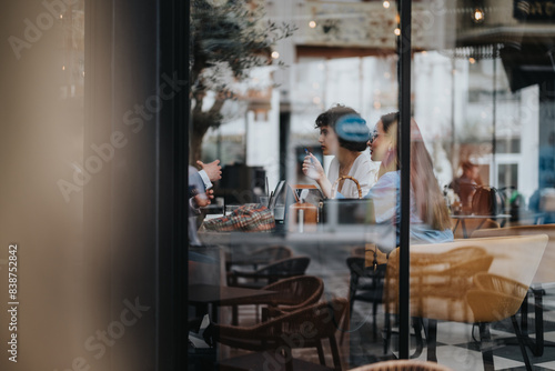 Business professionals having a discussion in a trendy cafe, seen through a glass window. Perfect for concepts of teamwork, collaboration, and professional settings.