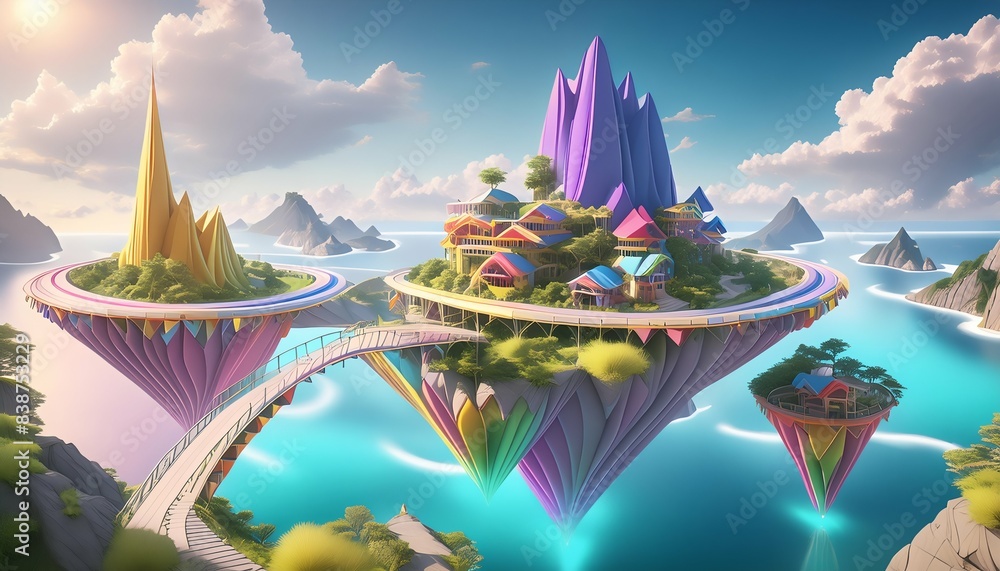 A breathtaking scene of whimsical floating islands connected by a bridge, featuring vibrant rainbow waterfalls cascading into a serene, cloud-filled sky. A breathtaking scene of whimsical floating islands connected by a bridge, featuring vibrant rainbow waterfalls cascading into a serene, cloud-filled sky.