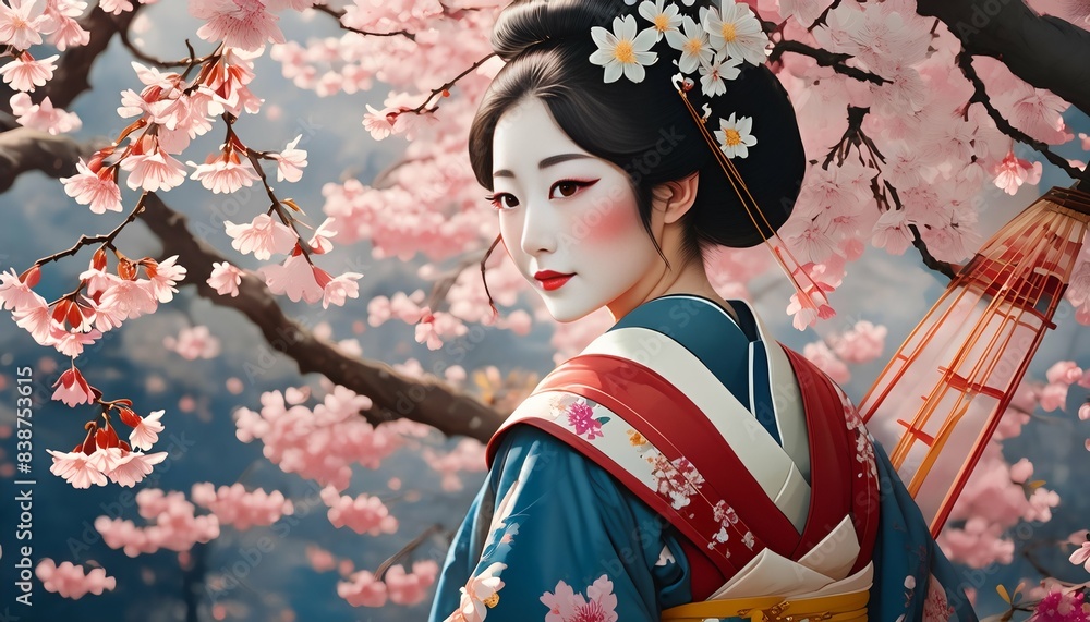 An elegant geisha in a vibrant red kimono stands serenely beneath a canopy of blooming cherry blossoms. This beautiful image evokes the grace and beauty of Japanese culture. An elegant geisha in a vibrant red kimono stands serenely beneath a canopy of blooming cherry blossoms. This beautiful image evokes the grace and beauty of Japanese culture.
