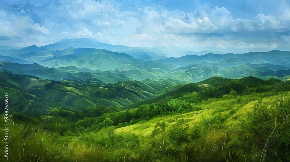 Fototapeta premium Panoramic view of a serene mountain landscape, lush green valleys, clear blue sky, oil painting style, rich textures, warm and inviting colors, capturing the peacefulness of nature