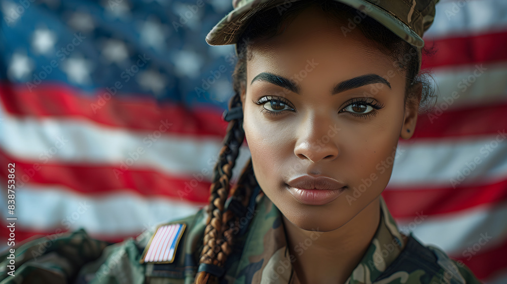 Patriot day celebration with an Afro-American woman soldier in military uniform standing in front of the USA flag and looking at the camera Patriot day celebration with an Afro-American woman soldier in military uniform standing in front of the USA flag and looking at the camera