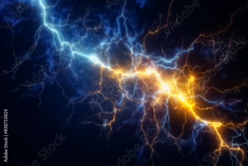 a blue and yellow lightning bolt piercing through the stormy, night sky, set against a black backdrop.