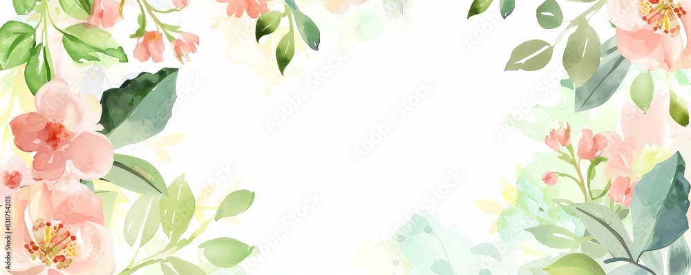 Soft watercolor flower frame with pastel blossoms and green leaves on a white background, ideal for dicut as a PNG file Soft watercolor flower frame with pastel blossoms and green leaves on a white background, ideal for dicut as a PNG file