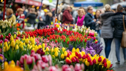 Fresh flowers for sale at a vibrant market. The tulips are in full bloom and the colors are bright and eye-catching. © stocker