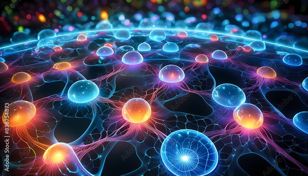 Obraz premium A vibrant and abstract illustration of a neural network with interconnected nodes and glowing pathways. 