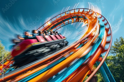 A dynamic image of a colorful roller coaster speeding along its tracks against a backdrop of clear blue skies and lush greenery, capturing the exhilarating thrills of summer amusement park adventures.