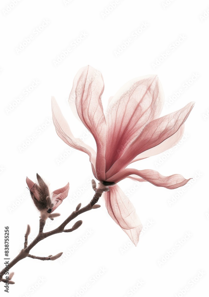 This is a beautiful image of a single pink magnolia flower with a closed bud on a branch. The flower has soft, delicate petals and a soft pink hue. The image is set against a simple white background